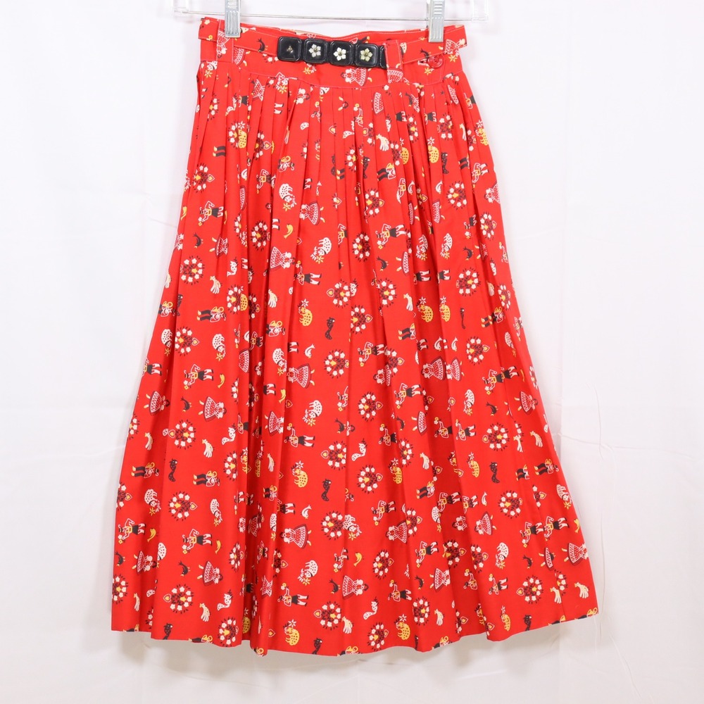 Handmade‎ Pleated Midi Skirt Small Red Womens Folk Art Novelty Print Vintage